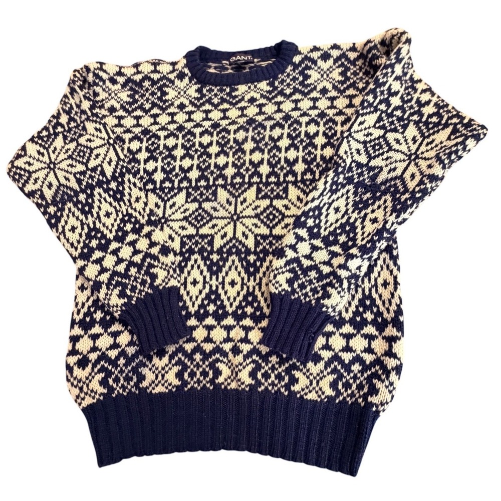 Vintage Y2K 90s GANT Fair Isle Nordic Shetland Wool Sweater XL Blue White Flawed